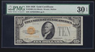 Us 1928 $10 Gold Certificate Fr 2400 Pmg 30 Epq Ch Vf (- 599)