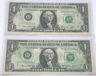 2 Offset Printing Error Notes 1974 $1 Federal Reserve - Back To Front Same Sheet