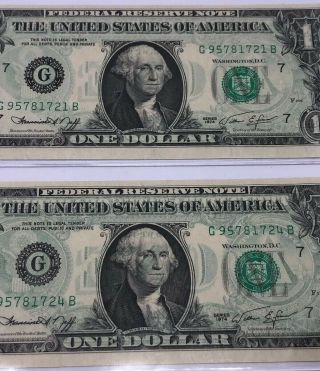 2 Offset Printing Error Notes 1974 $1 Federal Reserve - Back To Front Same Sheet 3