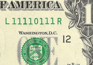 Unc 2013 $1 Dollar Bill 11110111 Near Solid Serial Number 7 - 1s Note Paper Money