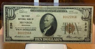 1929 The First National Bank Of Monroe Wisconsin $10 Note Ten Dollar Nr