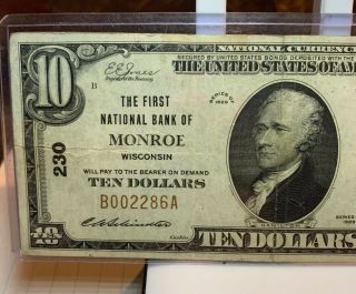 1929 THE FIRST NATIONAL BANK OF MONROE WISCONSIN $10 NOTE TEN DOLLAR NR 2