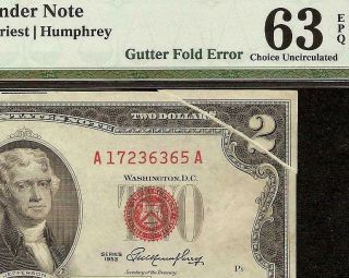 Unc 1953 $2 Gutter Fold Error Red Seal Legal Tender Note Paper Money Pmg 63 Epq