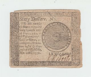1778 Pennsylvania $60 Colonial Currency Sixty Dollars Note / Us Usa Philadelphia