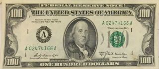 1969 A Series 100 Dollar Bill A02474166