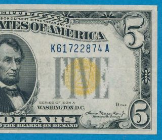 $5.  00 1934 - A North Africa Yellow Seal Silver Certificate Au