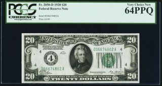 $20 Fr.  2050 - D 1928 Federal Reserve Note Pcgs Very Choice Unc 64 Ppq 4 Epq