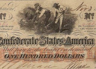 1862 $100 Dollar Confederate States Currency Civil War Hoer Note Csa Paper T - 41