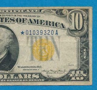 $10.  1934 - A Star North Africa Yellow Seal Silver Certificate Average Circulated