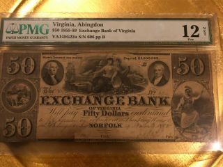 1860s $50 Exchange Bank Of Virginia Norfolk Obsolete Choice Pmg 12