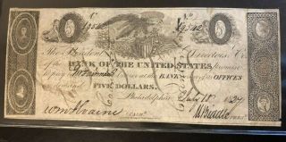 1827 $5 Five Dollars Bank Of The United States Philadelphia