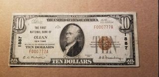 $10 1929 The First National Bank Of Olean York Ch 1887 Fancy Serial 000777