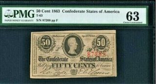 1863 50 Cent Confederate States Note Pmg T - 63 Choice Uncirculated