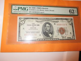 1929 $5 The Federal Reserve Bank Of Boston,  Massachusetts Pmg 62epq