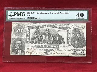 T - 20 1861 $20 Twenty Dollar Csa Confederate Note Pmg 40 Extremely Fine