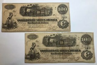 1862 $100 Confederate States Of America Csa 2 Consecutive Notes Train 4 Stmp