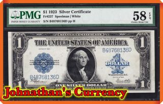 Jc&c - Fr.  237 1923 $1 Silver Certificate - Au 58 Epq By Pmg