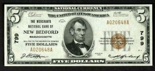 1929 $5 National Merchants National Bank Of Bedford Mass,  - Ch/cu