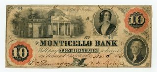 1860 $10 The Monticello Bank - Charlottesville,  Virginia Note