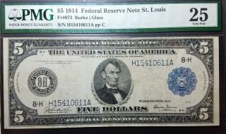Fr 873 1914 $5 Federal Reserve Note St Louis W/ Glass Sig Vf25