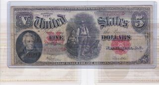 Series 1907 Five Dollars Us United States Woodchopper Legal Tender $5 Note Fr91