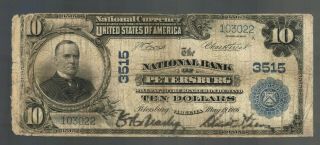 1902 $10 National Bank Note Petersburg Va 3515 Large Nb Bill