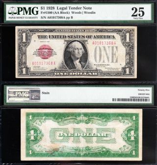 Scarce Bold & Crisp Vf 1928 $1 Red Seal Us Note Pmg 25 A01017368a