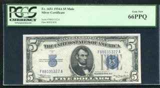Fr.  1651 1934 - A $5 Mule Blue Seal Silver Certificate Pcgs Gem Uncirculated - 66ppq
