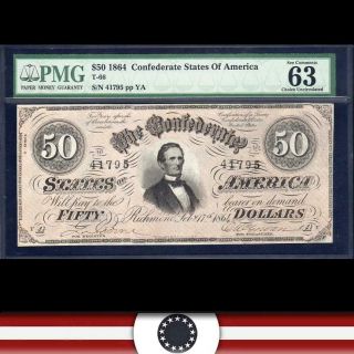 T - 66 1864 $50 Confederate Currency Pmg 63 Epq Civil War Money 41795