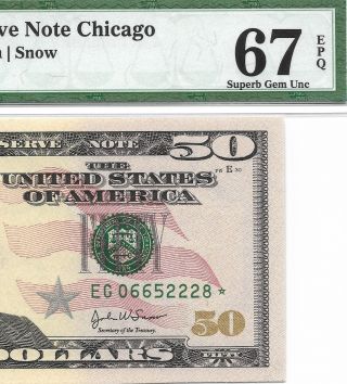 2004 $50 Chicago Star ⭐️ Banknote,  Pmg Gem Uncirculated 67 Epq,  Run 3