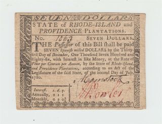 1780 Rhode Island Colonial Currency $7 Seven Dollar Note - Look Usa