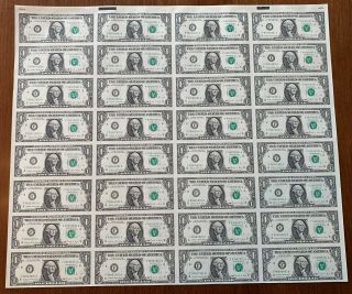 Uncut Sheet Of 32 1988 $1 Notes Uncirculated F - A Block Atlanta,  Ga
