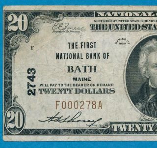 $20.  1929 First National Bank Of Bath Maine Charter 2743