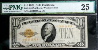 Fr 2400 1928 $10 Gold Certificate Pmg 25 Very Fine Gold