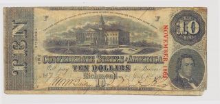Civil War Confederate 1863 10 Dollar Bill Richmond Virginia Paper Money Csa Vtg