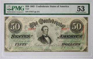 $50 1863 T - 57 Richmond,  Virginia Confederate States Of America About Unc 53 Pmg