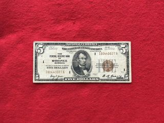 Fr - 1850i 1929 Series $5 Dollar Minneapolis Federal Reserve Bank Note Fine