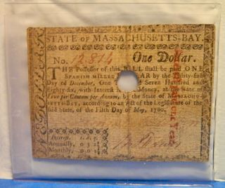1780 State Of Massachusetts - Bay $1 Colonial Currency Note