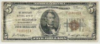 1929 Us $5 National Currency Note - Merchants National Bank Of Bedford,  Mass