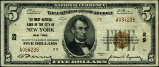 York NY - York $5 1929 T - 2 National Bank Note Ch 29 FNB of the City VF 2