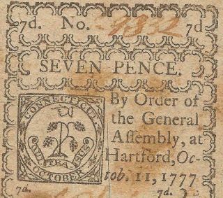 1777 Connecticut Colonial Currency 7 Pence Note Hartford Very Old Paper Money