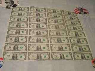Uncut Uncirculated Sheet Of 32 Series 1995 $1 K One Dollar Bills Currency Notes