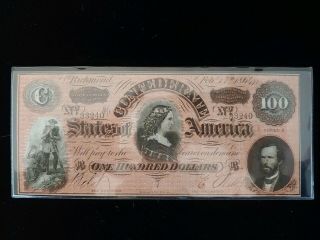 1864 T - 65 $100 Confederate States Of America Note - Civil War Era Cond