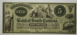 1858 $5 Merchants Bank Of South Carolina.  Cu164/rh