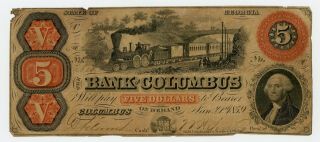 1859 $5 The Bank Of Columbus,  Georgia Note W/ Train