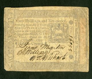 Us Paper Money 1773 Pennsylvania Half - Crown Colonial Note