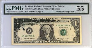 1993 $1 Frn Boston Offset Printing Error Note Pmg 55