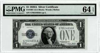 1928a $1 Silver Certificate Pmg 64 Epq (g - A Block) Fr 1601