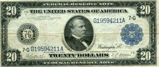 1914 $20 Blue Seal Large Size Frn Paper Money Note.  Starts@ 2.  99
