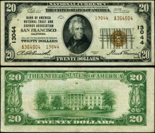 San Fran Ca - $20 1929 T - 2 National Bank Note Ch 13044 Bank Of America Nt Sa Vf
